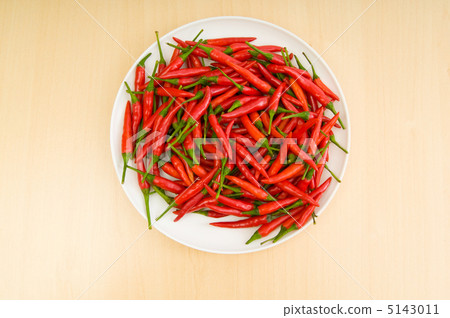 Hot peppers in the plate on wooden table Hot peppers in the plate on wooden table 5143011