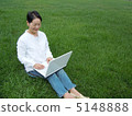 Enjoy PC on the lawn Senior woman Full body 5148888
