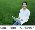 Senior female camera looking at PC on lawn 5148907