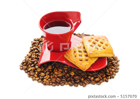 Cup of coffee with many beans around Cup of coffee with many beans around 5157070