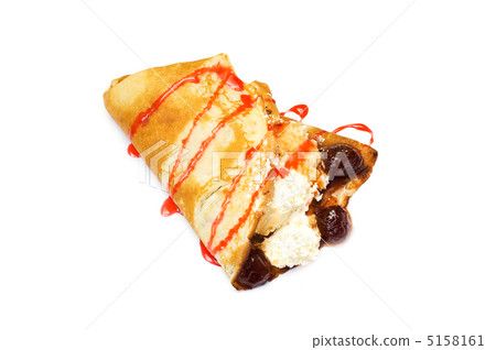 Pancake with curd and strawberries covered with syrup 5158161