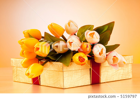 Celebration concept - gift box and tulip flowers Celebration concept - gift box and tulip flowers 5159797