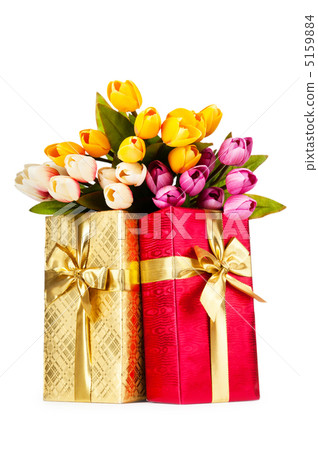 Celebration concept - gift box and tulip flowers Celebration concept - gift box and tulip flowers 5159884