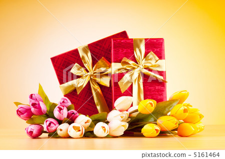 Celebration concept - gift box and tulip flowers Celebration concept - gift box and tulip flowers 5161464