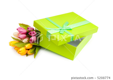 Flowers and gift box isolated on white Flowers and gift box isolated on white 5208774