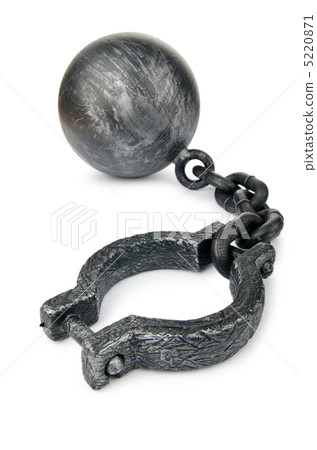 Metal Ball And Chain Shackles On White Isolated On White, Bondage