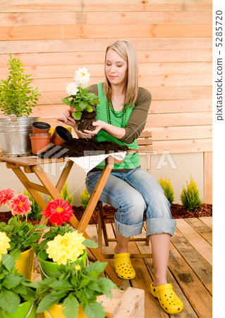Gardening woman planting spring flower 5285720