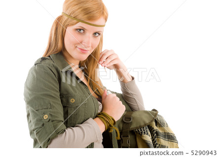 Hippie young woman khaki outfit fashion portrait Hippie young woman khaki outfit fashion portrait 5290943