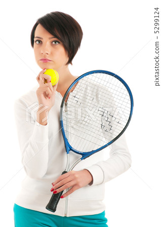 Young girl with tennis racket and bal isolated on white Young girl with tennis racket and bal isolated on white 5299124
