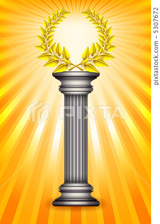 Award column with golden winner laurel wreath over sun rays back 5307672
