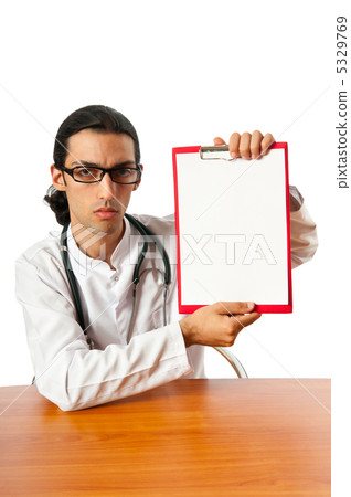 Doctor sitting at the desk on white 5329769