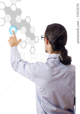 Businessman pressing virtual buttons Businessman pressing virtual buttons 5353370