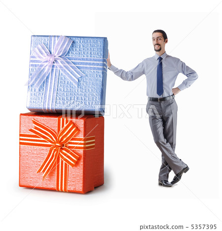 Businessman with gift boxes on white Businessman with gift boxes on white 5357395