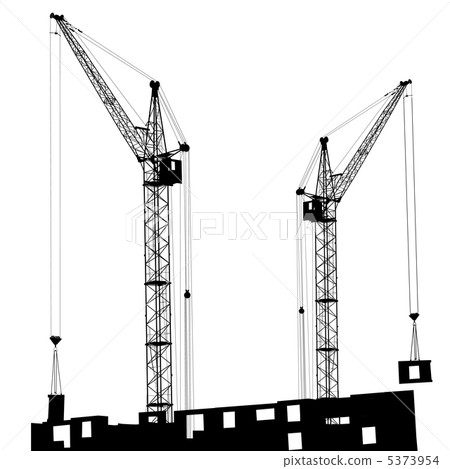 Silhouette of two cranes working on the building Silhouette of two cranes working on the building 5373954