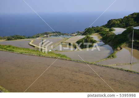 東面後面的水稻梯田與水和日本海 5395998