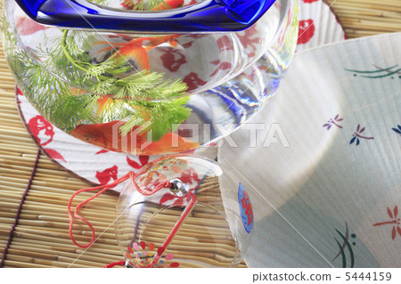 A fish bowl and a fan and a reed 5444159