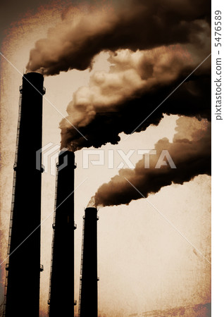 Three Smoke Stacks Polluting the Air Horizontal. Vintage Styled 5476589