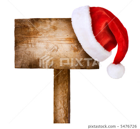 Wooden sign with Santa hat isolated on white 5476726