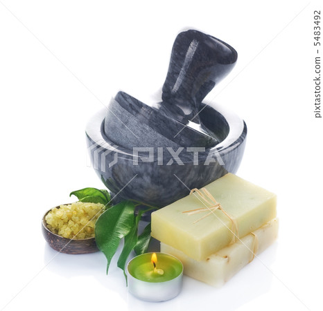 Spa. Natural Soap, Sea Salt, Mortar And Candle Isolated On White 5483492