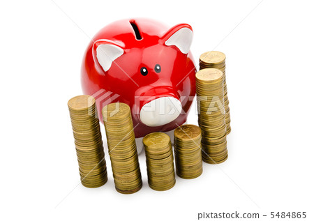 Piggy bank and coins isolated on white Piggy bank and coins isolated on white 5484865