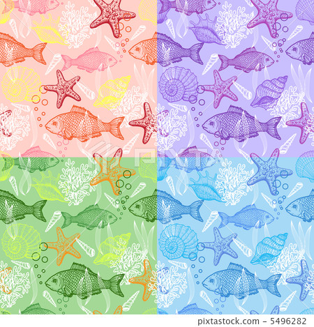 Set of sea hand drawn seamless pattern - Stock Illustration [5496282 ...