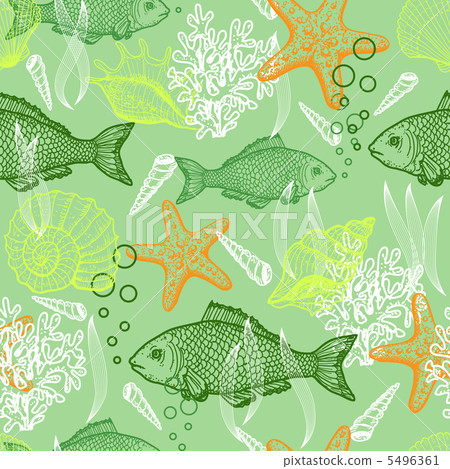 Sea hand drawn seamless pattern - Stock Illustration [5496361] - PIXTA