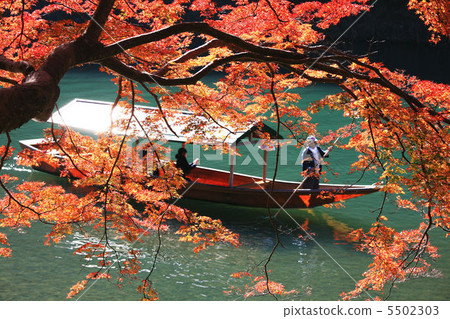 Autumnal leaves and house boats in Arashiyama, Kyoto 5502303