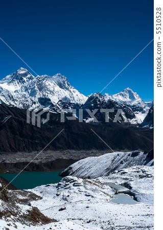 Everest, Nuptse, Lhotse and Makalu peaks. Gokyo lake and village 5510528