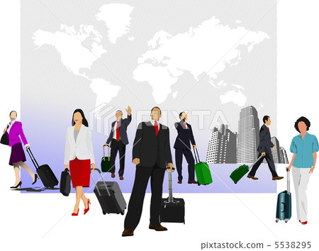 Business man with suitcase on world map background. Vector illus 5538295