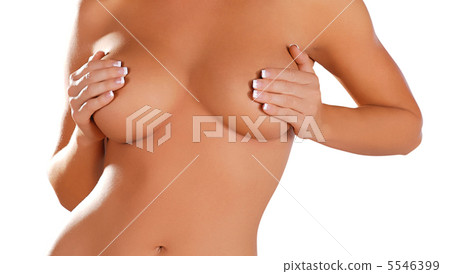close up, topless woman body covering her breast with hand, isol 5546399