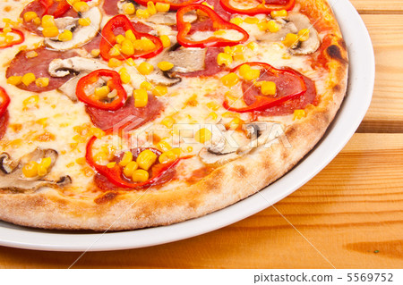 A Pepperoni pizza with corn A Pepperoni pizza with corn 5569752
