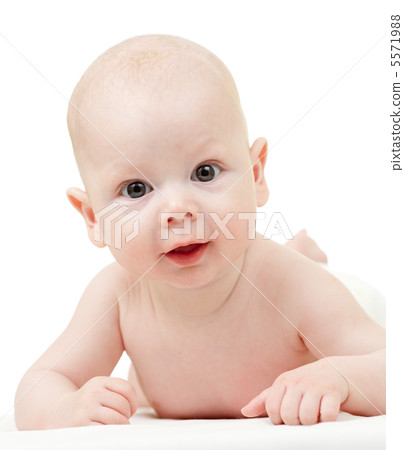 smiling baby boy lying on tummy isolated on white background 5571988