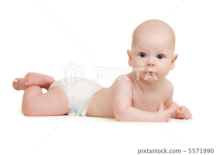 funny baby boy lying on tummy isolated on white background 5571990