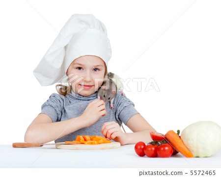 Chef girl preparing healthy food. Helper rat sitting and eating 5572465