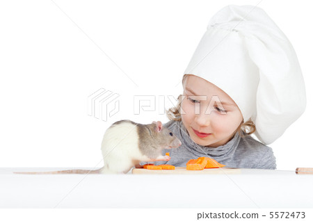 Chef girl preparing healthy food. Helper domestic rat sitting an 5572473