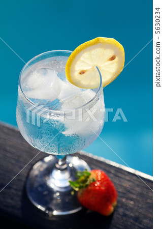 Swimming pool, lounge, a wine glass with ice, lemon and strawber Swimming pool, lounge, a wine glass with ice, lemon and strawber 5630234