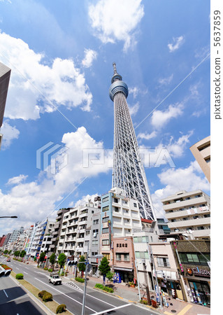 Tokyo sky tree spreading blue sky and local shopping district 5637859