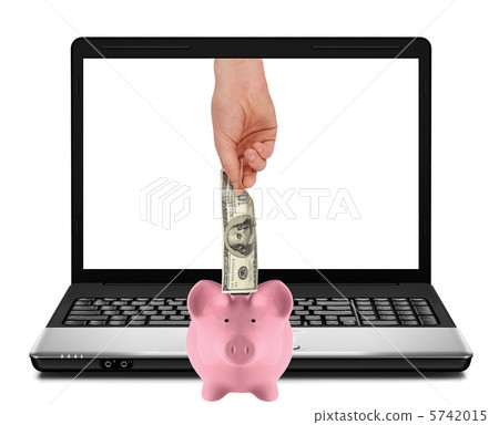 Laptop with piggy bank and hundred dollar 5742015