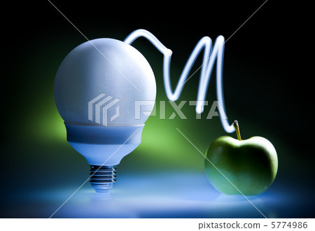 Enercy saving bulb and green apple, concept of green energy Enercy saving bulb and green apple, concept of green energy 5774986