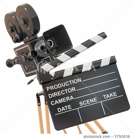 Movie composition. Vintage camera and clapperboard. 5792656