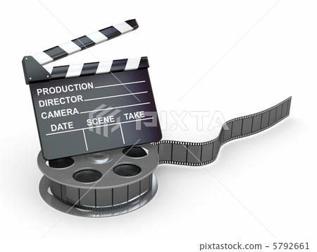 Movie industry. Clapperboard and film reel. 5792661