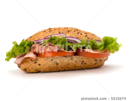 fast food baguette sandwich with lettuce, tomato, ham and chees fast food baguette sandwich with lettuce, tomato, ham and chees 5810874