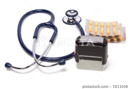 stethoscope, tablets and doctor seal isolated on white backgrou stethoscope, tablets and doctor seal isolated on white backgrou 5811036