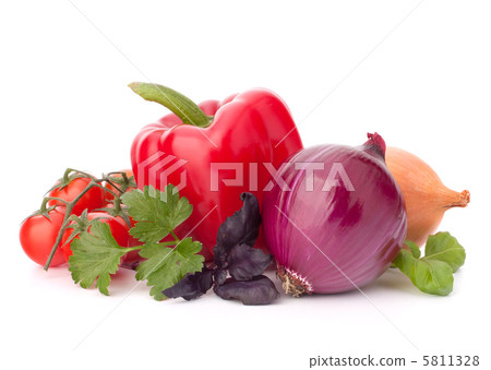 Sweet pepper, onion, tomato  and basil leaves  still life 5811328