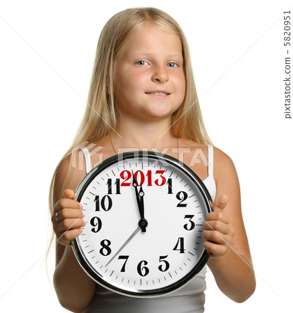The girl hold in hands a big clock with figures 2013 5820951