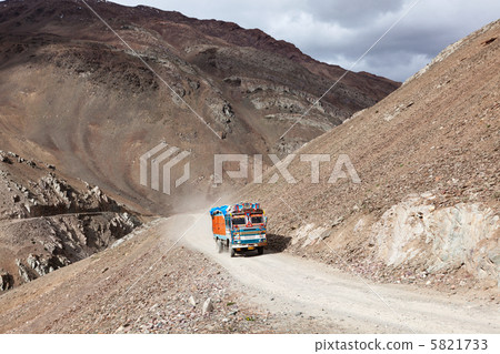 Manali-Leh Road in Indian Himalayas with lorry 5821733