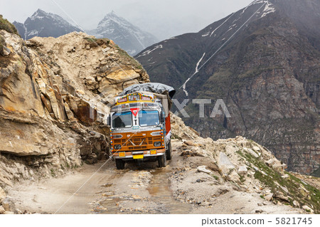 Manali-Leh road in Indian Himalayas with lorry 5821745