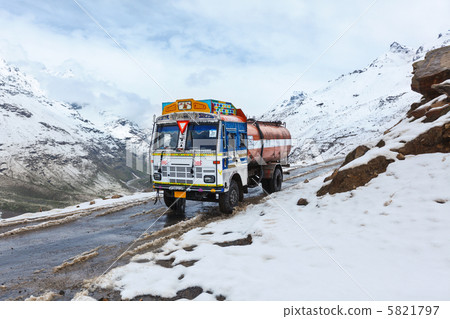 Manali-Leh road in Indian Himalayas with lorry 5821797