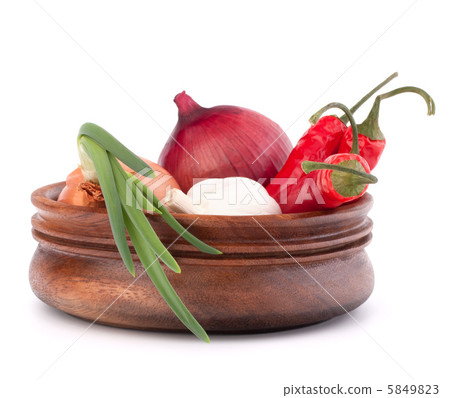 Hot red chili or chilli pepper in wooden bowl 5849823