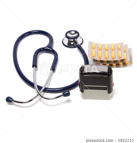 stethoscope, tablets  and doctor seal isolated on white backgrou 5852215